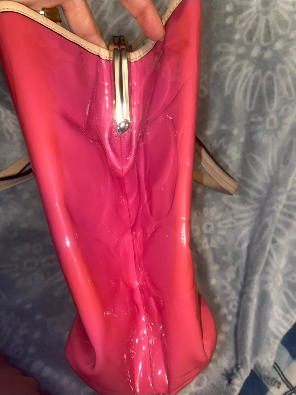Coach Pink Patent Leather Tote with Tan Handles